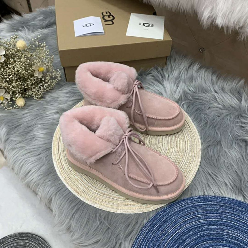 Pink Lace-Up Ankle Boots with Fold-Over Furry Cuff | Model 3090