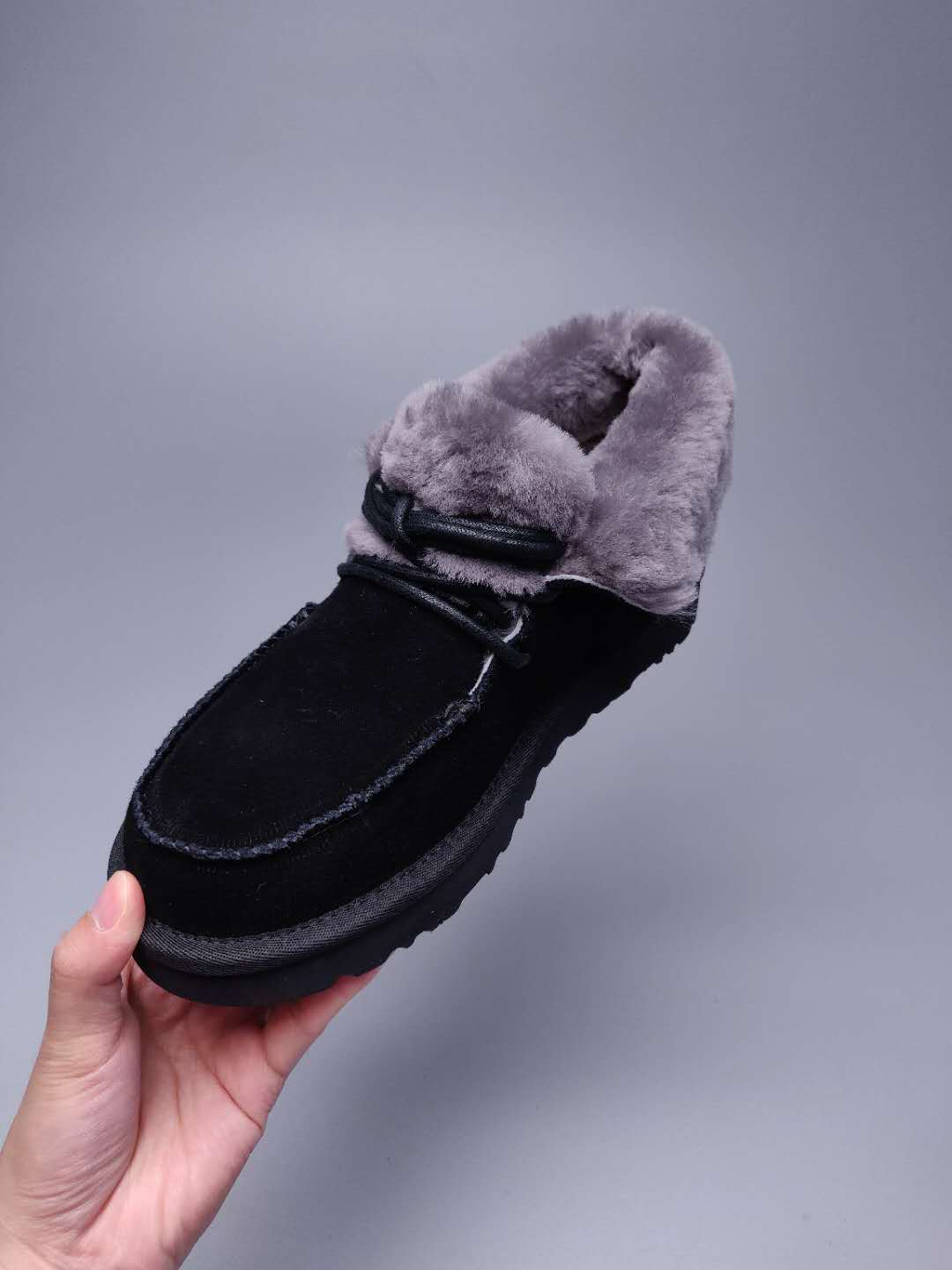 Black Lace-Up Ankle Boots with Fold-Over Furry Cuff | Model 3090