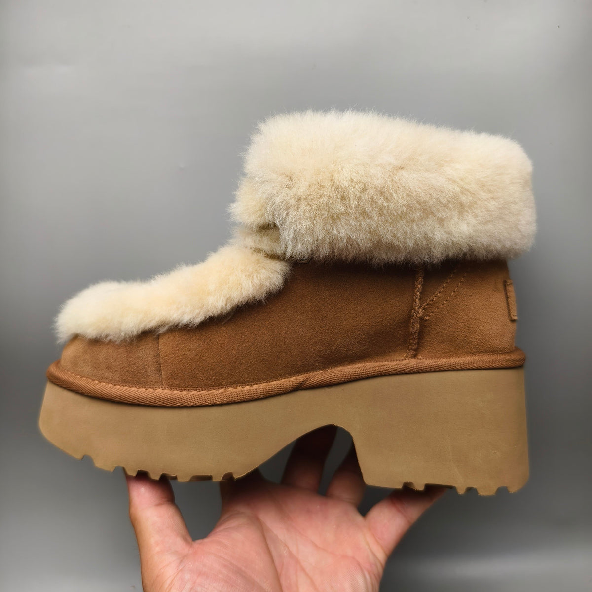 Esme Chestnut Lace-Up Wedge Ankle Boots with Fluffy Trim – Model 1532