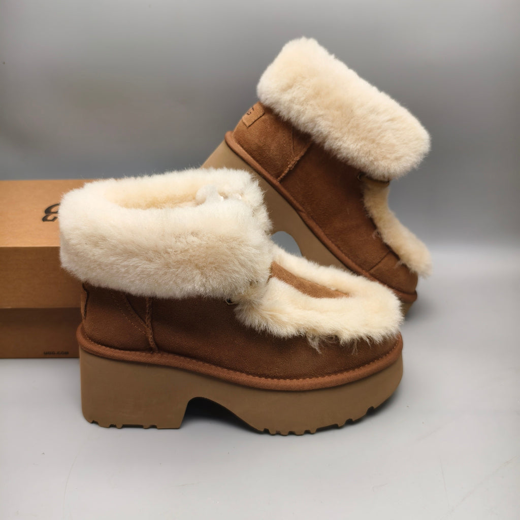 Esme Chestnut Lace-Up Wedge Ankle Boots with Fluffy Trim – Model 1532