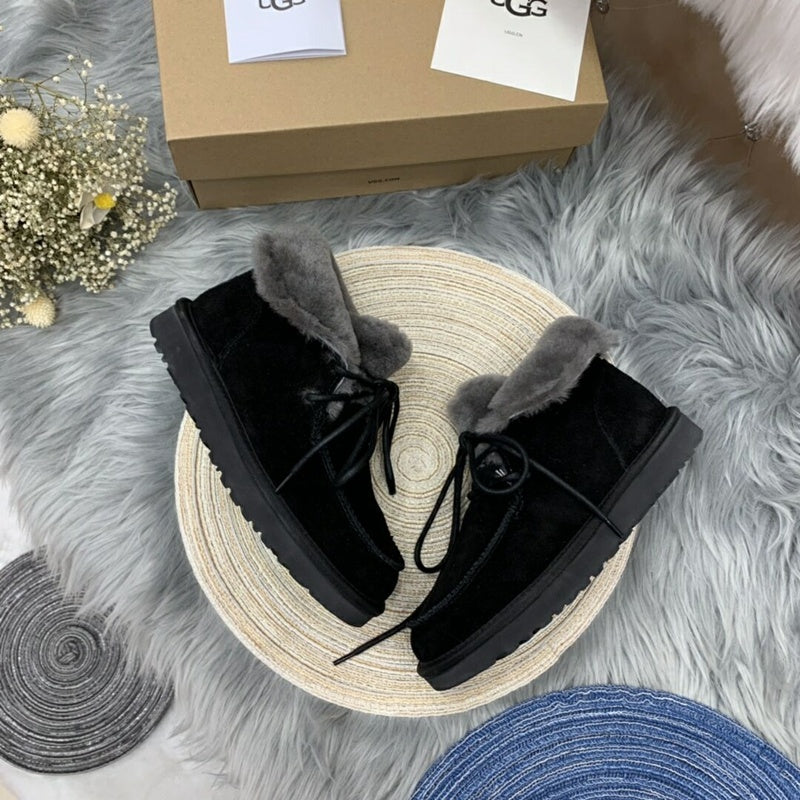 Black Lace-Up Ankle Boots with Fold-Over Furry Cuff | Model 3090
