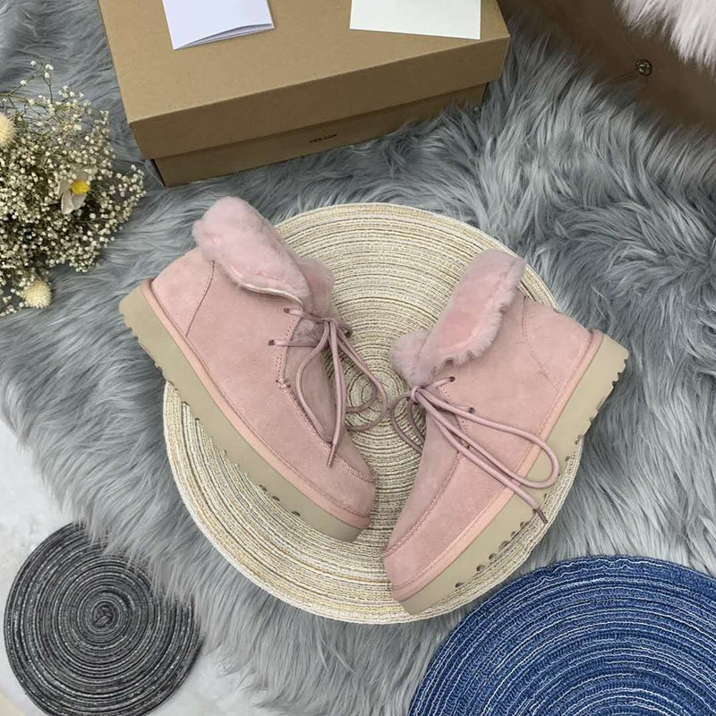 Pink Lace-Up Ankle Boots with Fold-Over Furry Cuff | Model 3090