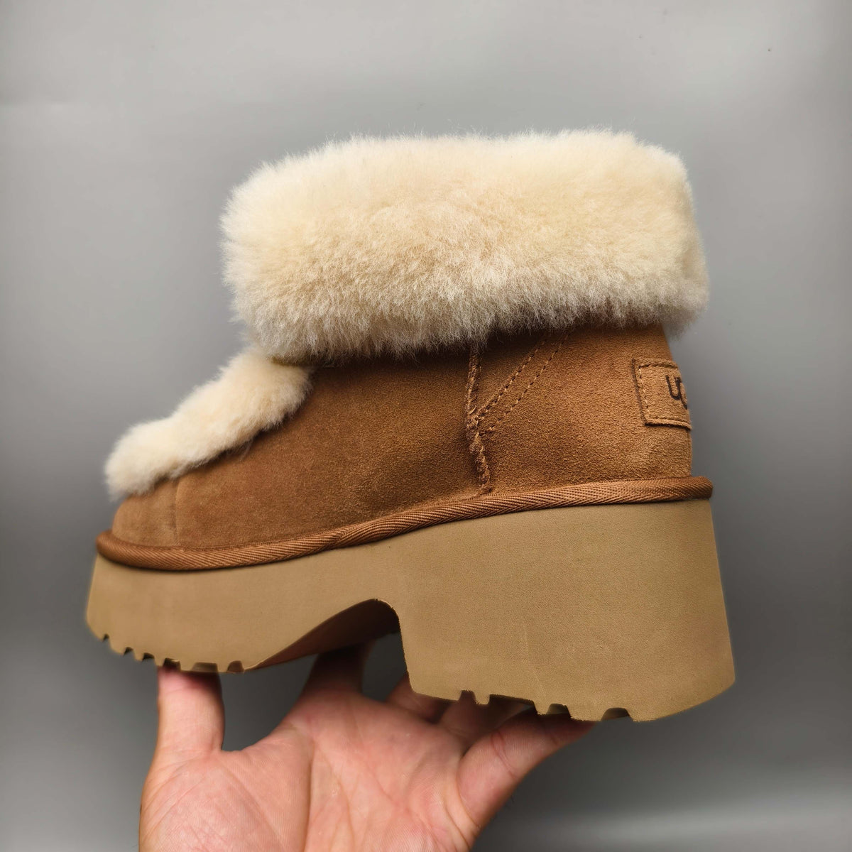 Esme Chestnut Lace-Up Wedge Ankle Boots with Fluffy Trim – Model 1532