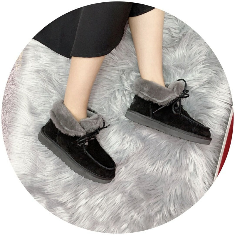 Black Lace-Up Ankle Boots with Fold-Over Furry Cuff | Model 3090