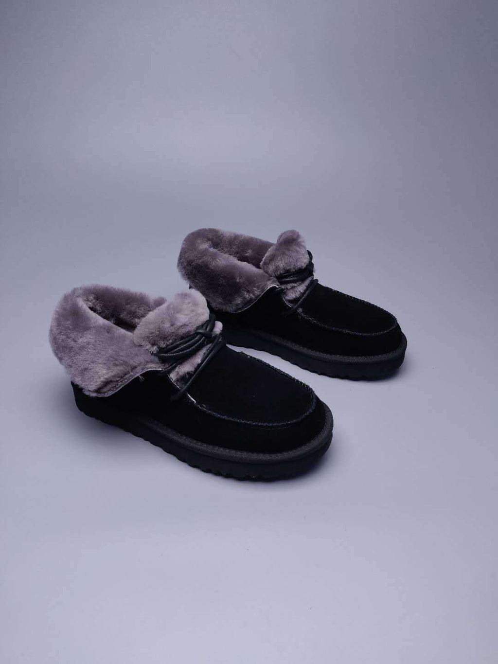 Black Lace-Up Ankle Boots with Fold-Over Furry Cuff | Model 3090