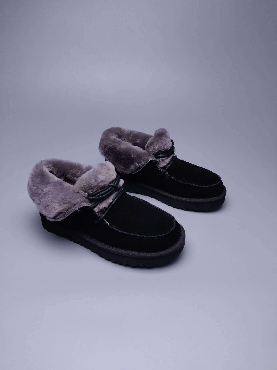 Black Lace-Up Ankle Boots with Fold-Over Furry Cuff | Model 3090