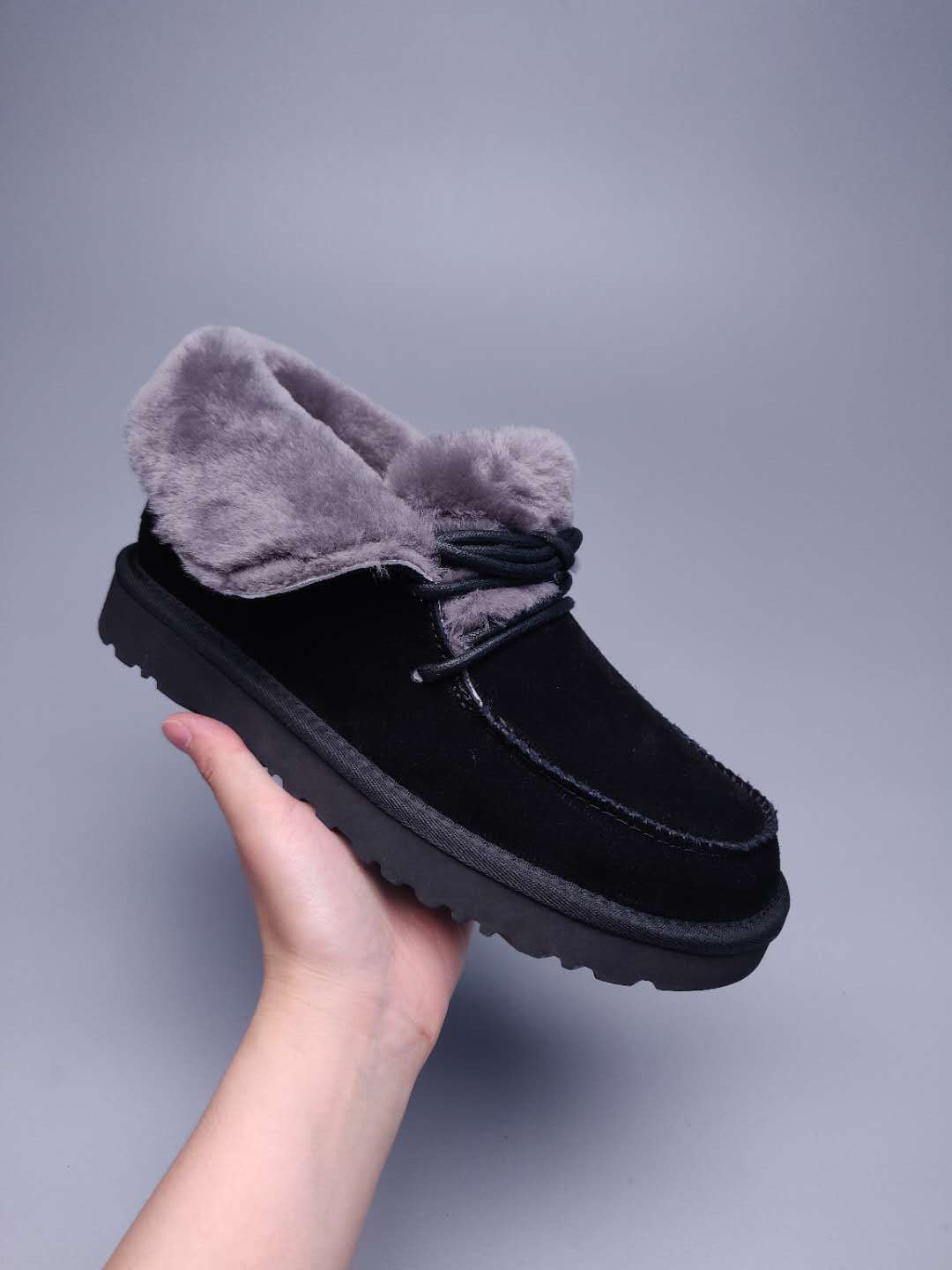 Black Lace-Up Ankle Boots with Fold-Over Furry Cuff | Model 3090