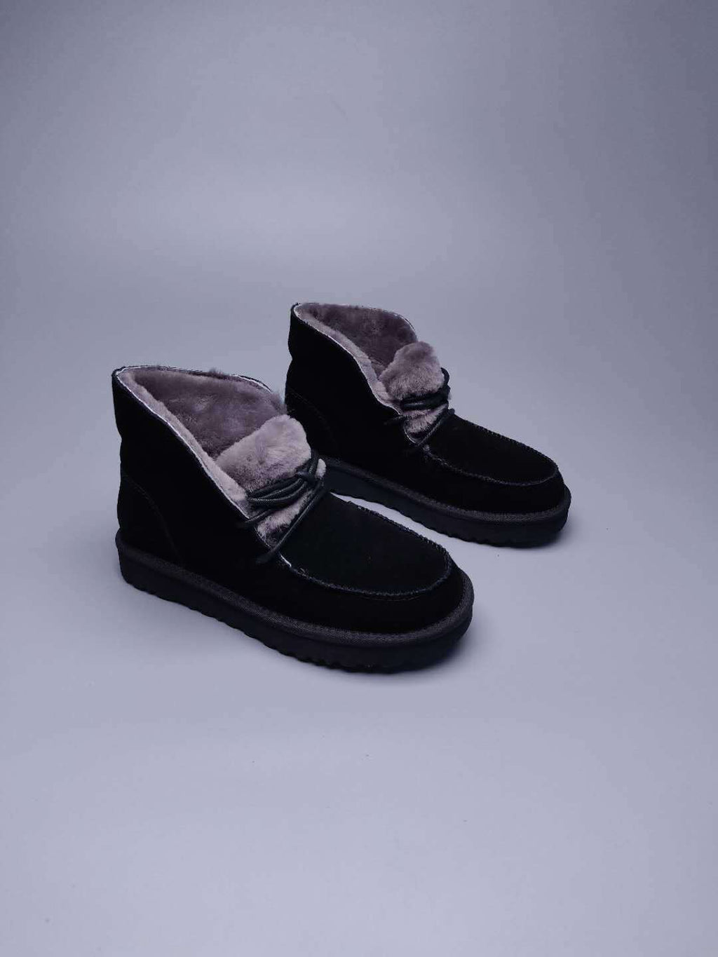 Black Lace-Up Ankle Boots with Fold-Over Furry Cuff | Model 3090