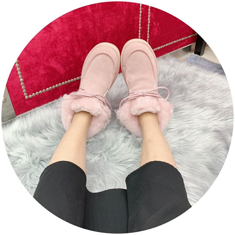 Pink Lace-Up Ankle Boots with Fold-Over Furry Cuff | Model 3090