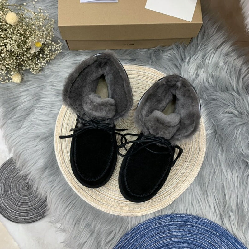Black Lace-Up Ankle Boots with Fold-Over Furry Cuff | Model 3090