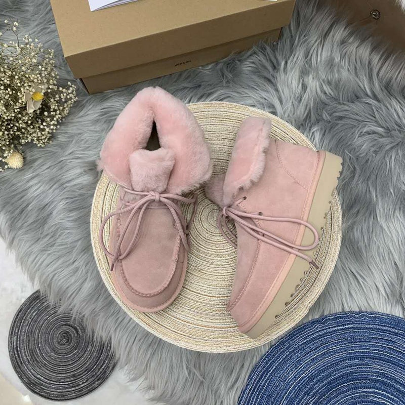 Pink Lace-Up Ankle Boots with Fold-Over Furry Cuff | Model 3090