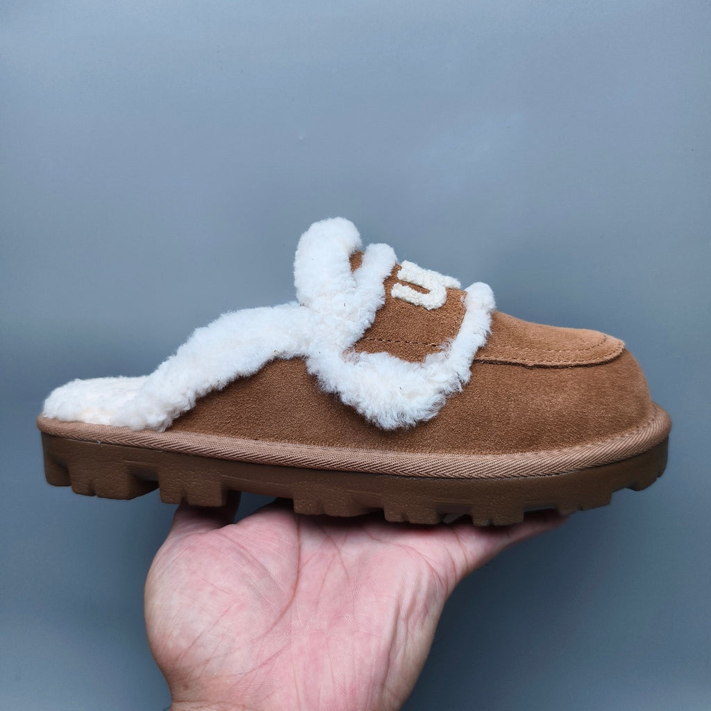 Chestnut Curly Plush Slippers with Oversized Logo – Model 1206