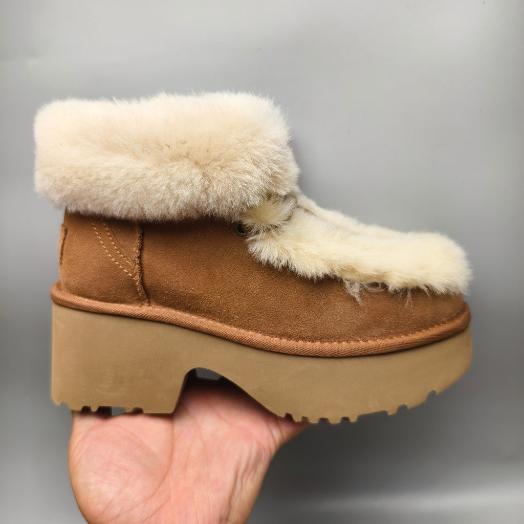 Esme Chestnut Lace-Up Wedge Ankle Boots with Fluffy Trim – Model 1532