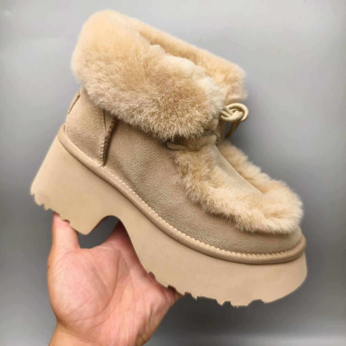 Esme Mustard Lace-Up Wedge Ankle Boots with Fluffy Trim – Model 1532