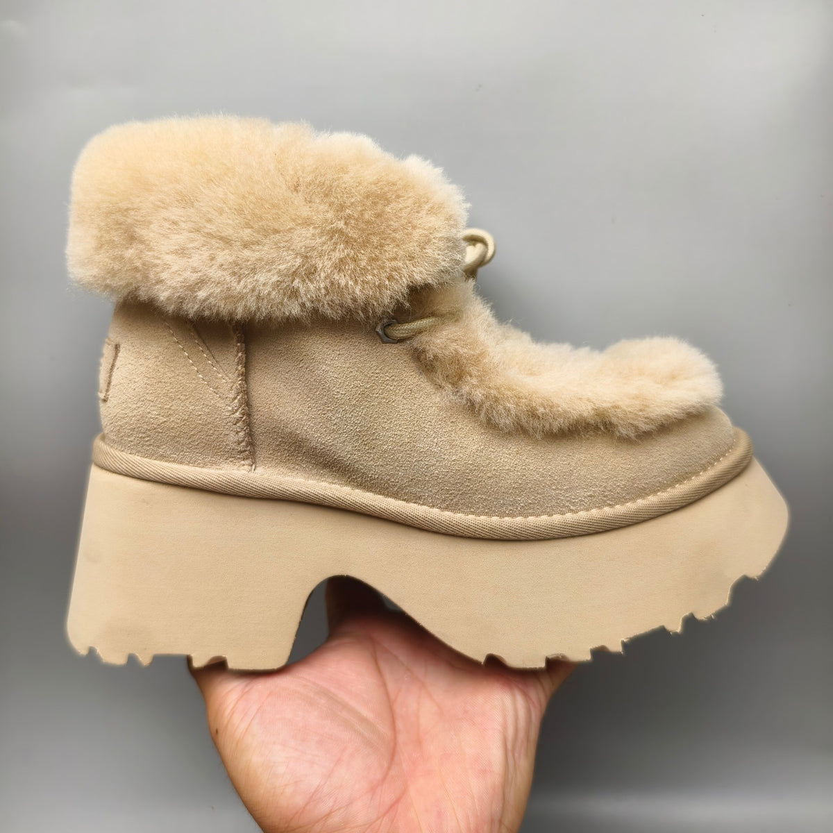 Esme Mustard Lace-Up Wedge Ankle Boots with Fluffy Trim – Model 1532
