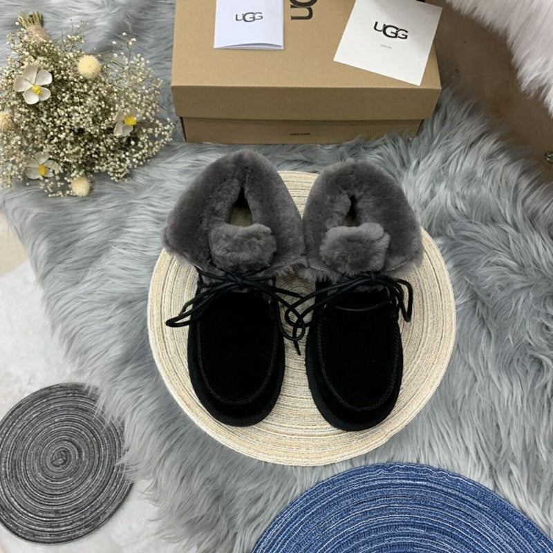 Black Lace-Up Ankle Boots with Fold-Over Furry Cuff | Model 3090
