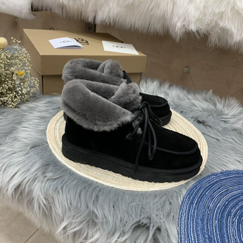 Black Lace-Up Ankle Boots with Fold-Over Furry Cuff | Model 3090
