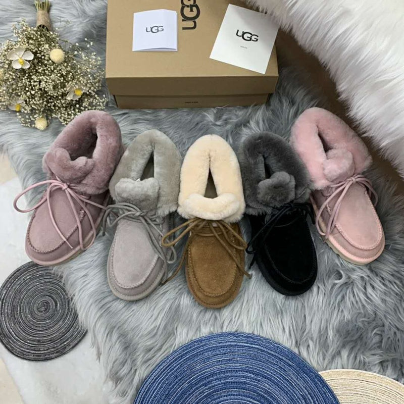 Pink Lace-Up Ankle Boots with Fold-Over Furry Cuff | Model 3090