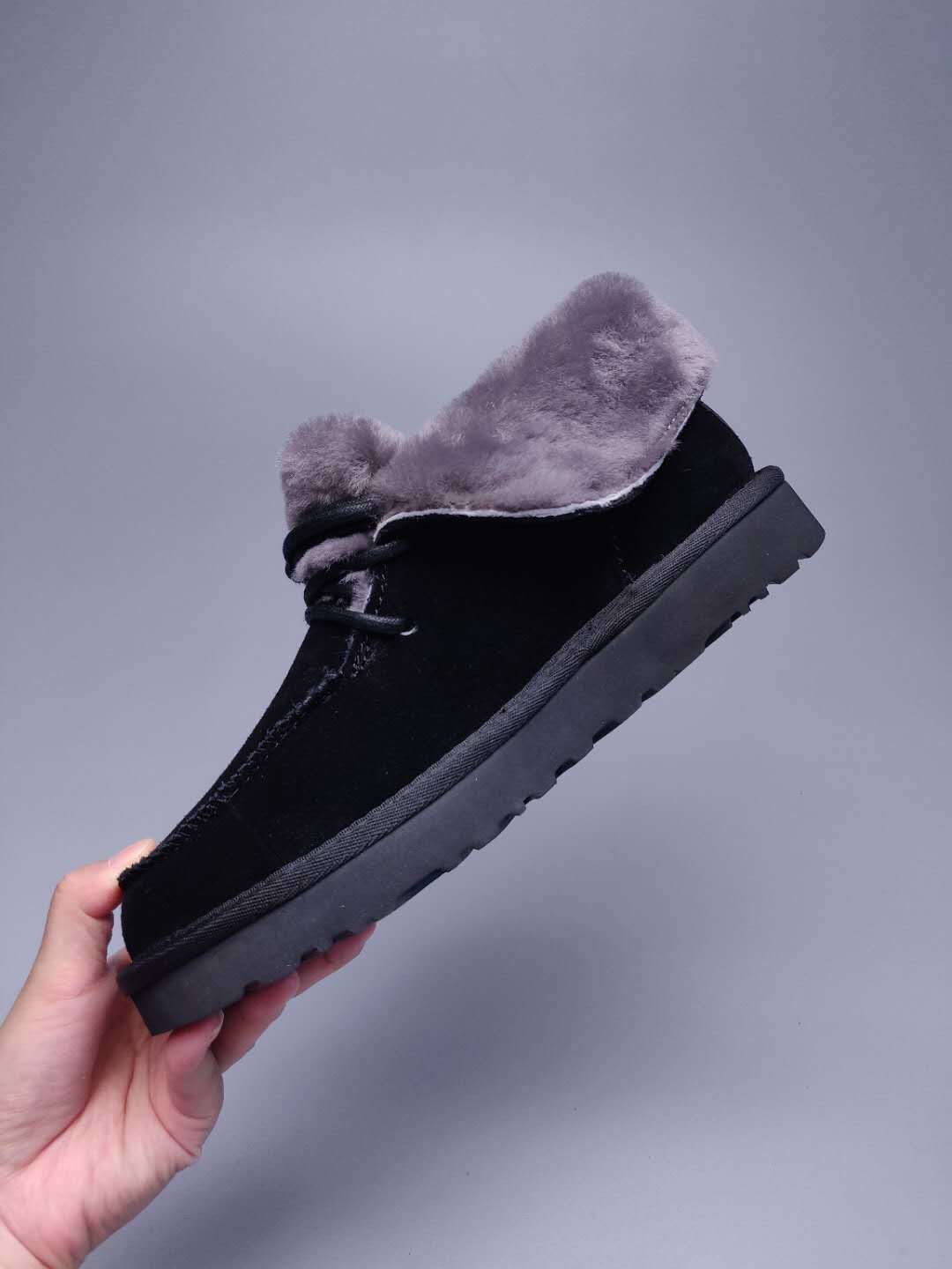 Black Lace-Up Ankle Boots with Fold-Over Furry Cuff | Model 3090