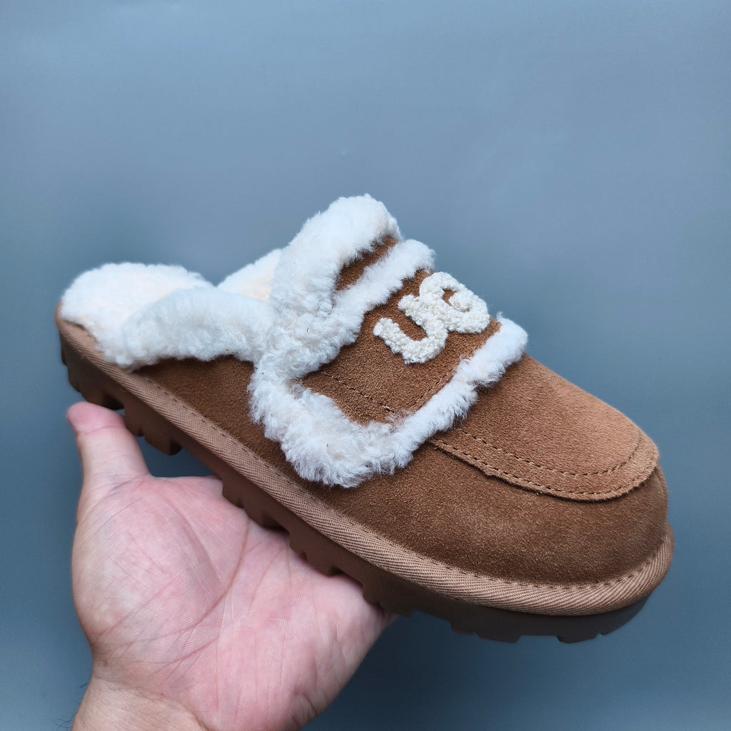 Chestnut Curly Plush Slippers with Oversized Logo – Model 1206