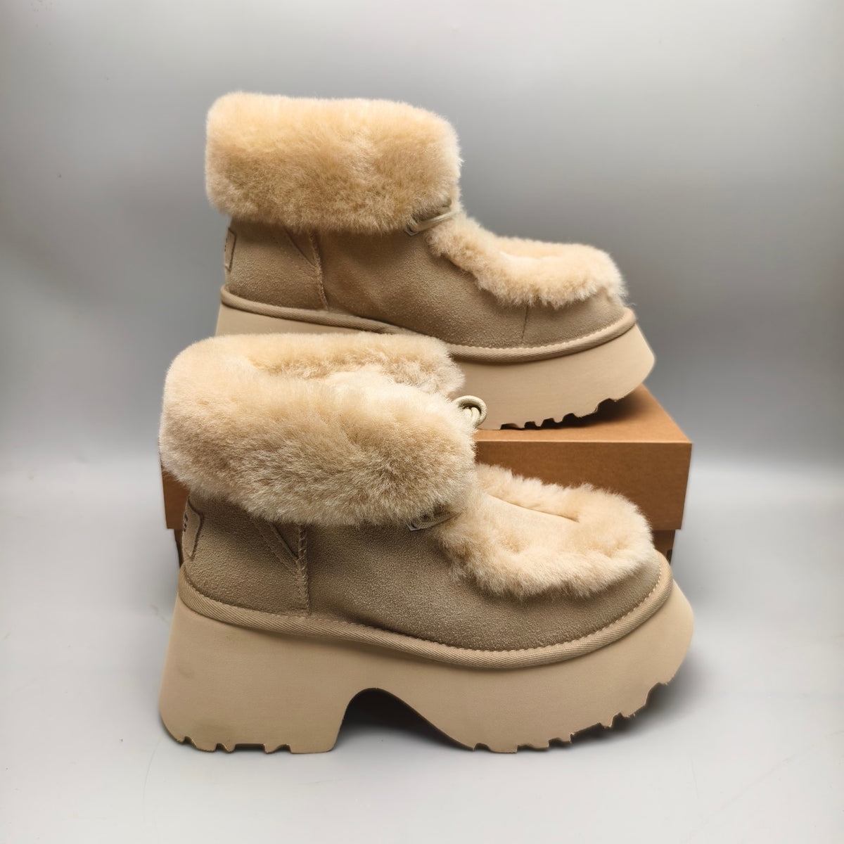 Esme Mustard Lace-Up Wedge Ankle Boots with Fluffy Trim – Model 1532