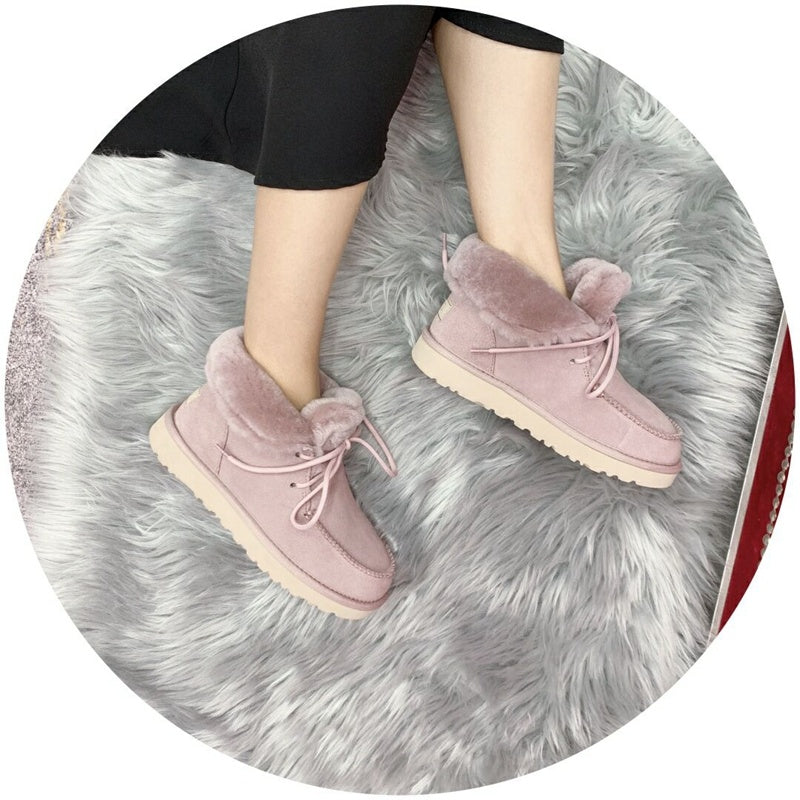 Pink Lace-Up Ankle Boots with Fold-Over Furry Cuff | Model 3090