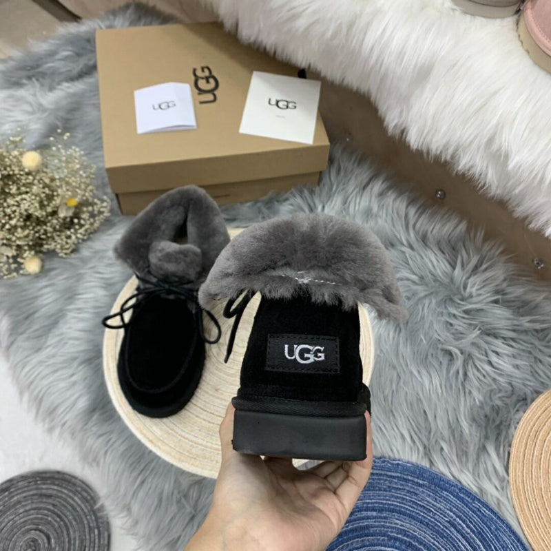 Black Lace-Up Ankle Boots with Fold-Over Furry Cuff | Model 3090
