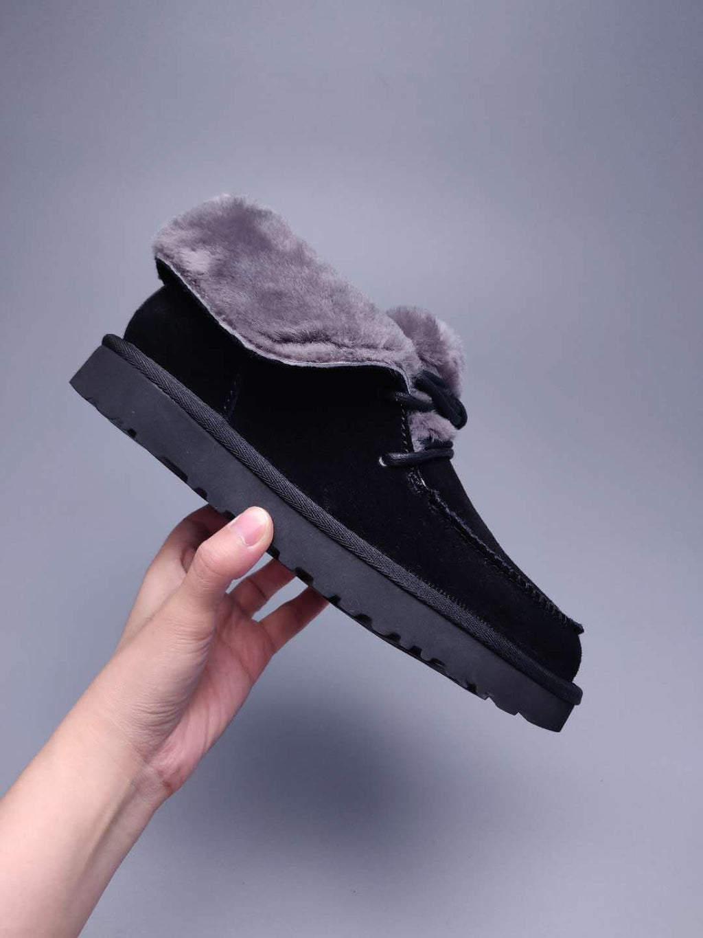 Black Lace-Up Ankle Boots with Fold-Over Furry Cuff | Model 3090
