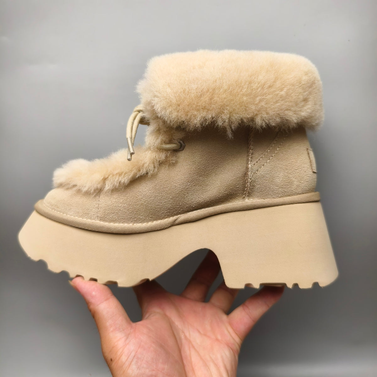 Esme Mustard Lace-Up Wedge Ankle Boots with Fluffy Trim – Model 1532