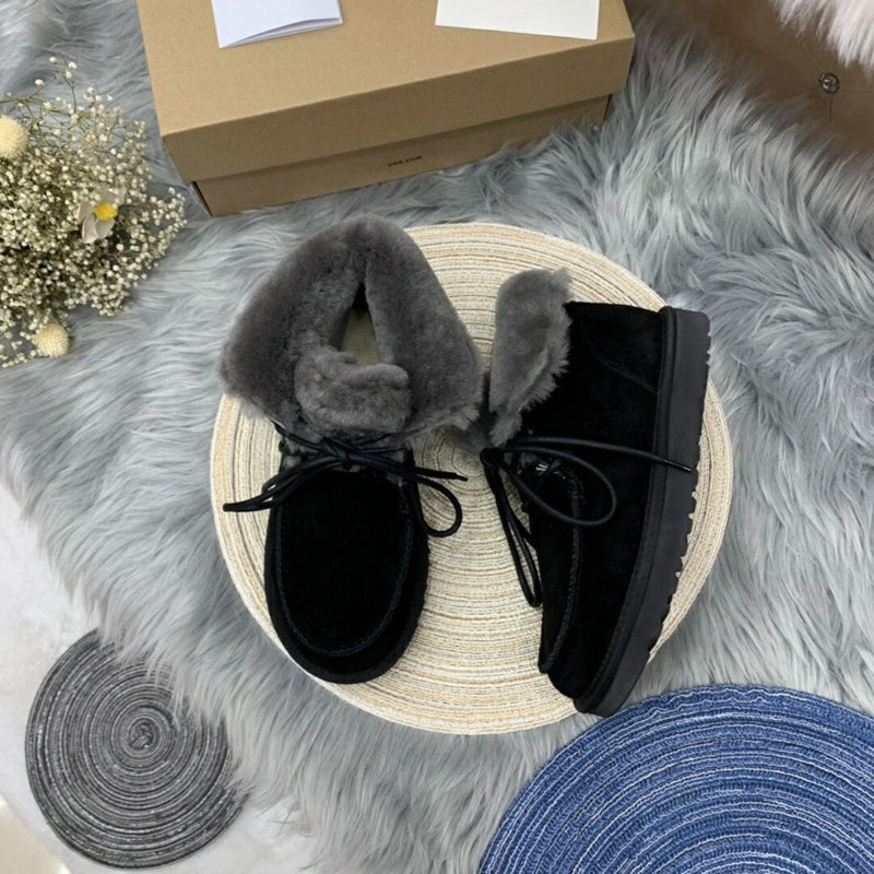 Black Lace-Up Ankle Boots with Fold-Over Furry Cuff | Model 3090