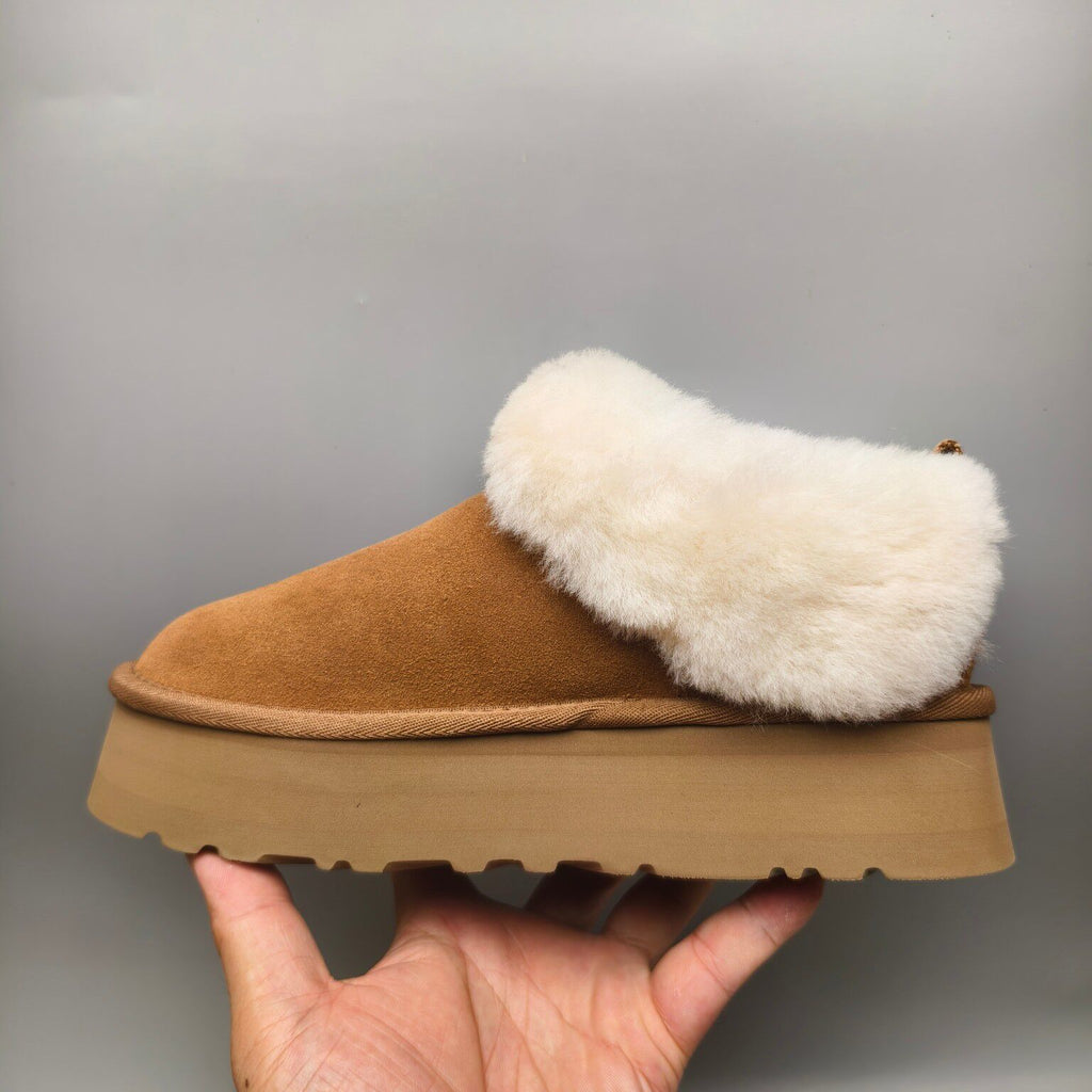 Chestnut Suede-Look Platform Slip-On Shoes – Model 1393