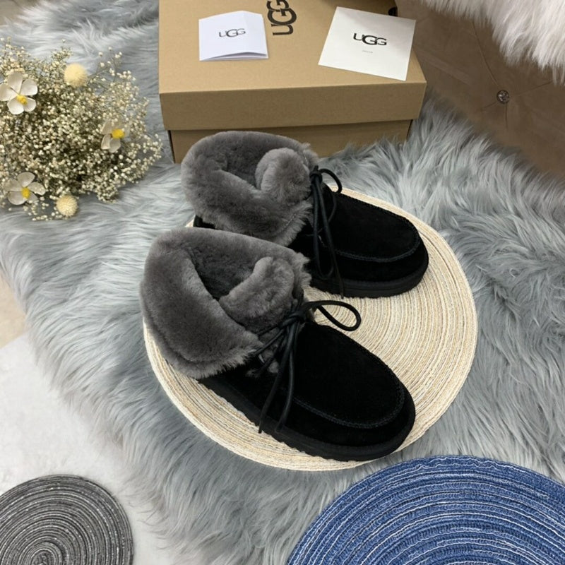 Black Lace-Up Ankle Boots with Fold-Over Furry Cuff | Model 3090