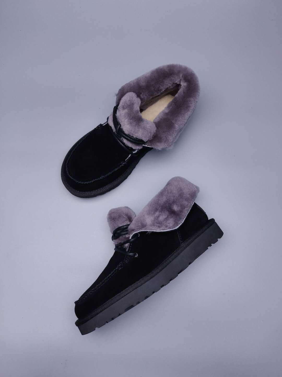 Black Lace-Up Ankle Boots with Fold-Over Furry Cuff | Model 3090