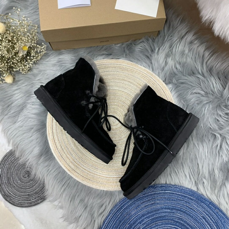 Black Lace-Up Ankle Boots with Fold-Over Furry Cuff | Model 3090