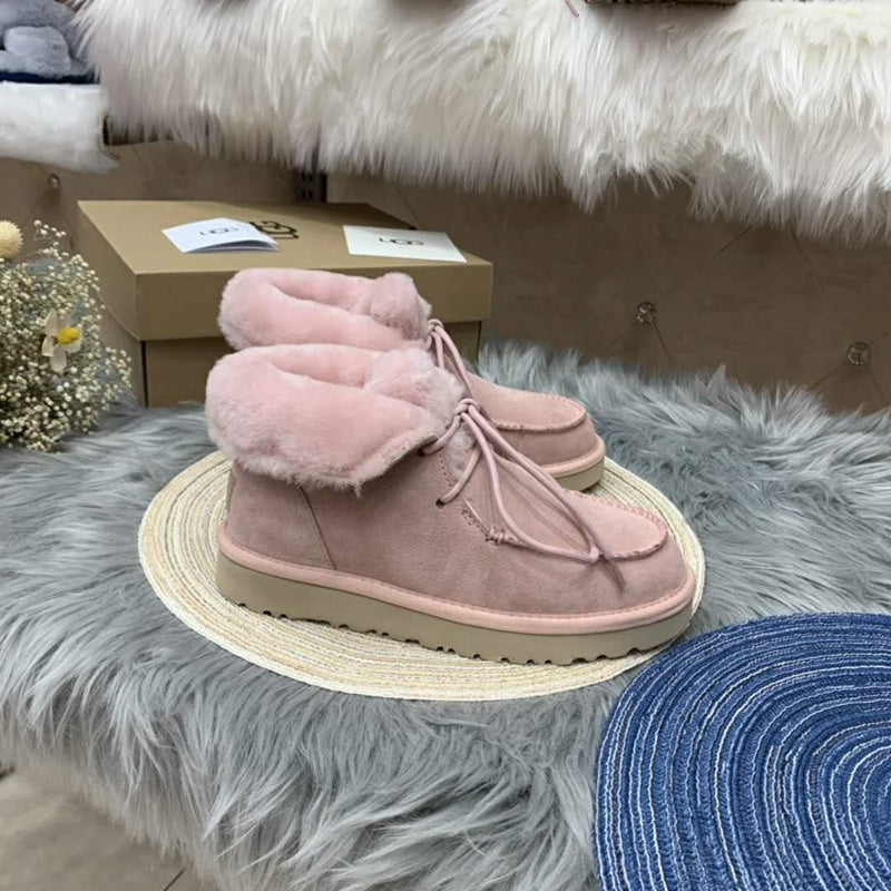 Pink Lace-Up Ankle Boots with Fold-Over Furry Cuff | Model 3090