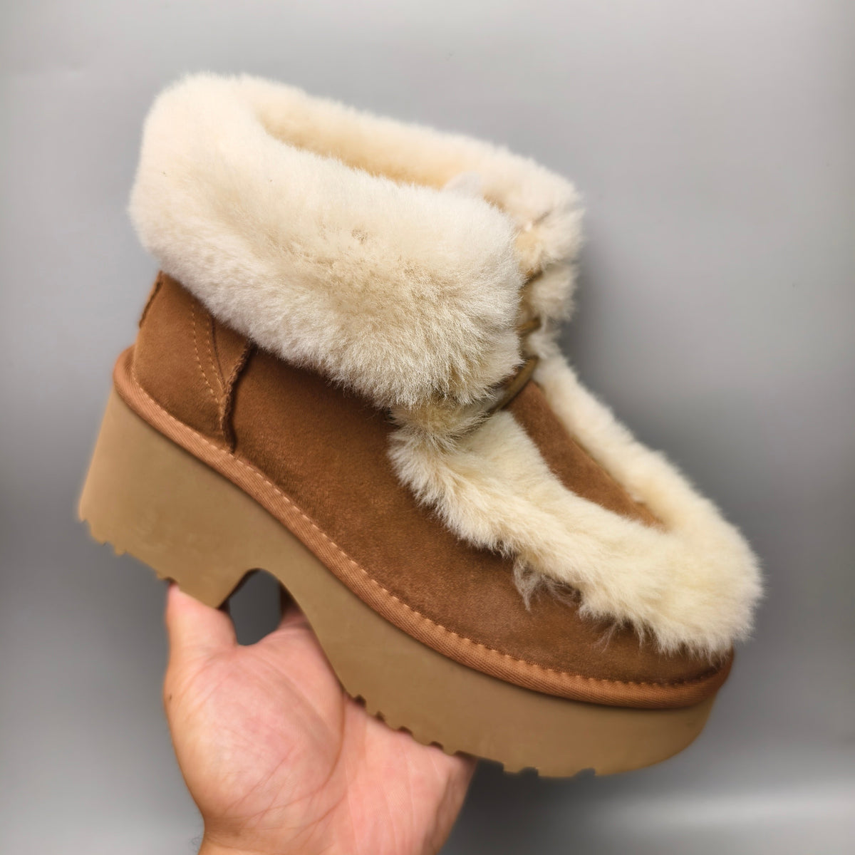Esme Chestnut Lace-Up Wedge Ankle Boots with Fluffy Trim – Model 1532