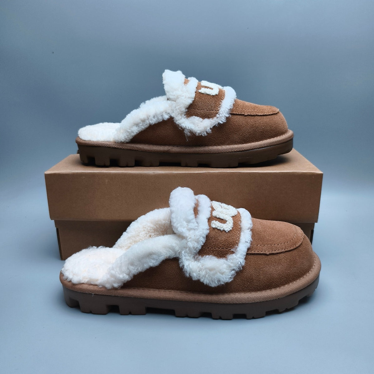 Chestnut Curly Plush Slippers with Oversized Logo – Model 1206