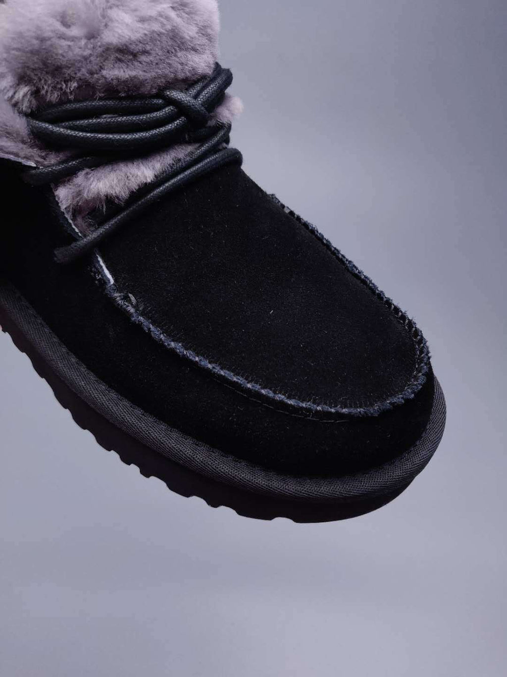 Black Lace-Up Ankle Boots with Fold-Over Furry Cuff | Model 3090