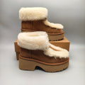 Esme Chestnut Lace-Up Wedge Ankle Boots with Fluffy Trim – Model 1532