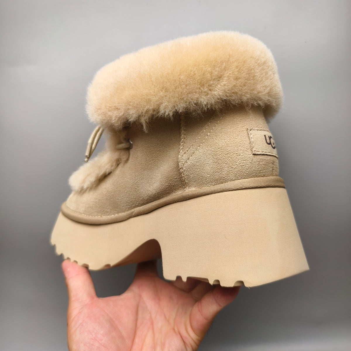 Esme Mustard Lace-Up Wedge Ankle Boots with Fluffy Trim – Model 1532