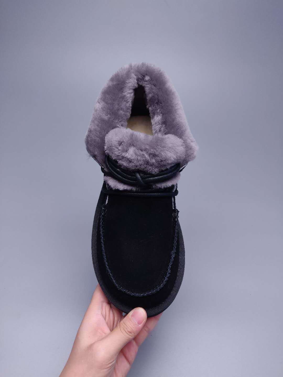 Black Lace-Up Ankle Boots with Fold-Over Furry Cuff | Model 3090