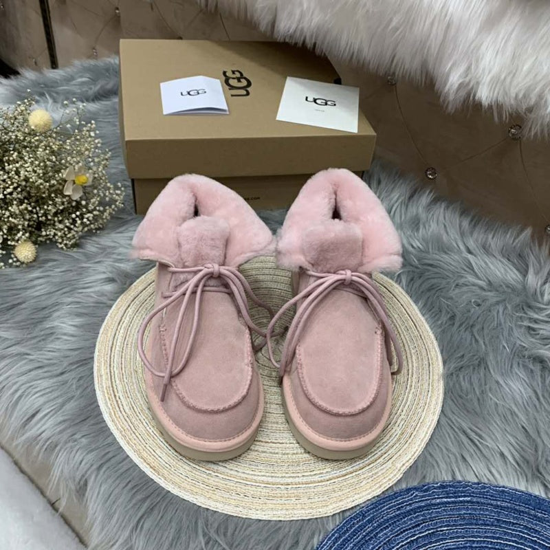 Pink Lace-Up Ankle Boots with Fold-Over Furry Cuff | Model 3090