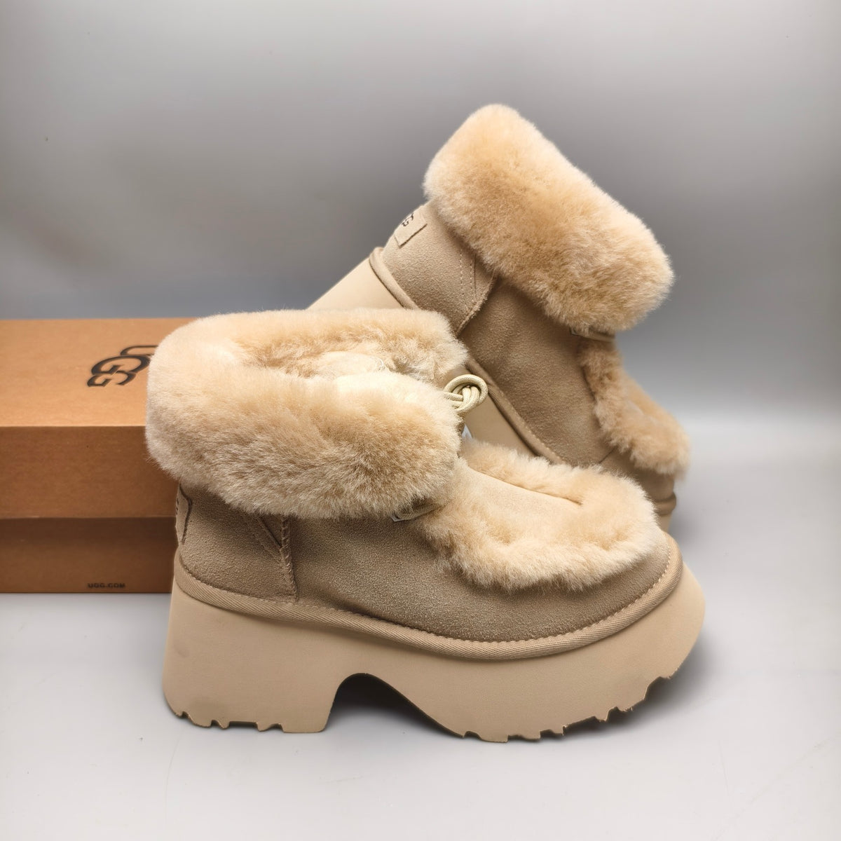 Esme Mustard Lace-Up Wedge Ankle Boots with Fluffy Trim – Model 1532