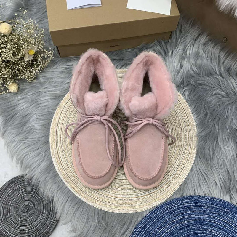 Pink Lace-Up Ankle Boots with Fold-Over Furry Cuff | Model 3090