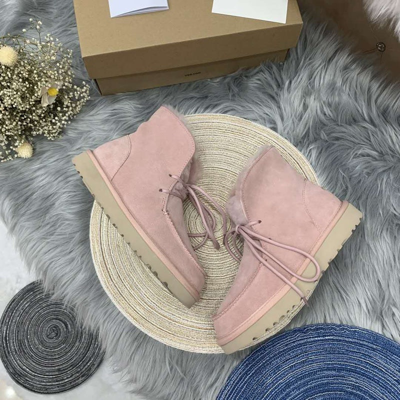 Pink Lace-Up Ankle Boots with Fold-Over Furry Cuff | Model 3090